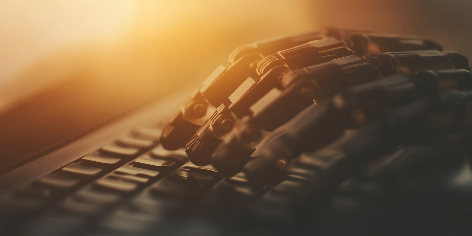 Uma mão robótica utilizando um teclado. Imagem gerada por Inteligência Artificial