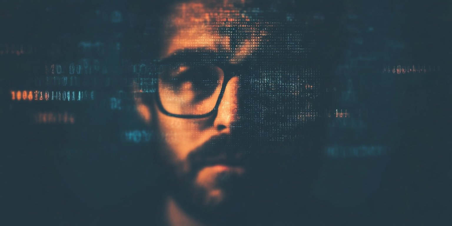 Foto de um rapaz olhando para o céu enquanto digitos surgem na tela, com um fundo escurecido. Foto gerada por IA.