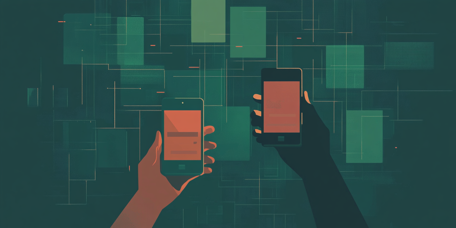 Ilustração de dois celulares emparelhados, simulando conexão por API. Imagem gerada por IA.
